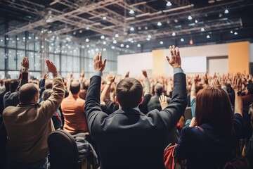 Obraz premium Back view of crowd of people raising hands on a seminar in convention center
