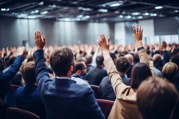 Back view of crowd of people raising hands on a seminar in convention center - obrazy, fototapety, plakaty