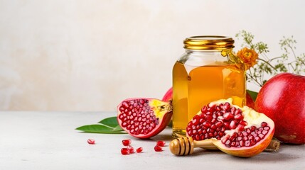 Rosh Hashana background with apple honey and pomegranate, white background