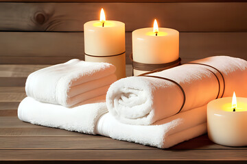 Obraz na płótnie Canvas Composition of spa candles and towels with rustic wooden background. Close up