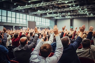 Back view of crowd of people raising hands on a seminar in convention center