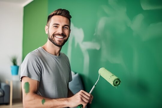 Happy male worker painting the wall in green color during home renovation process