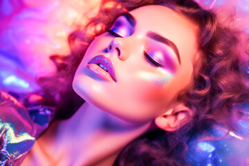 Obraz na płótnie Canvas Holographic fashion, woman face and makeup glow for hologram trend