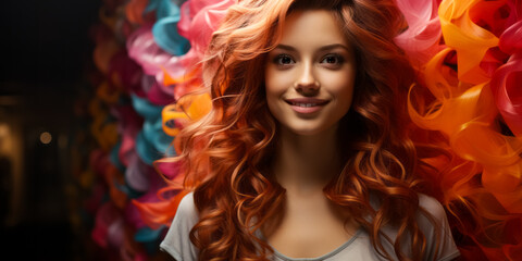 Obraz na płótnie Canvas beautiful gorgeous red-haired girl with wavy hair on rainbow background. beauty concept