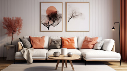 Round coffee table near white corner sofa with terra cotta cushions near paneling wall with art poster. Scandinavian home interior design of modern living room, Generative Ai - obrazy, fototapety, plakaty