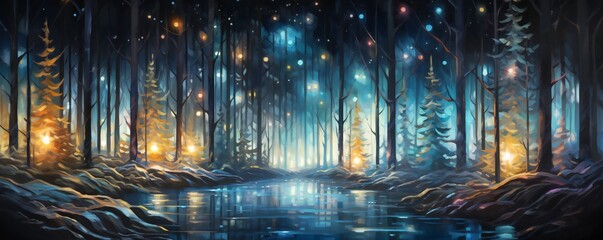 Obraz premium Oil painting magical forest with Christmas trees and glowing bokeh lights Generative AI