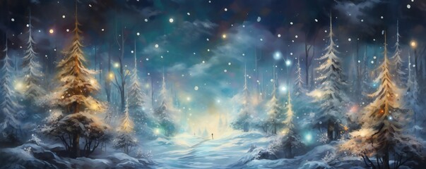Fototapeta premium Oil painting magical forest with Christmas trees and glowing bokeh lights Generative AI