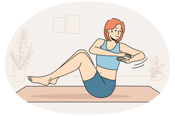 Young woman sweating doing exercises training on mat at home. Sportive motivated girl do sport workout indoors. Physical activity. Vector Illustration.