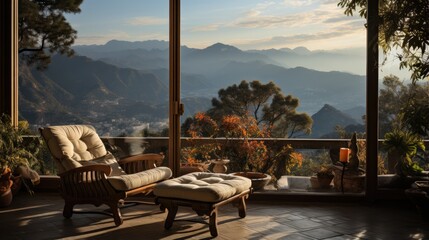seat by the window and see the mountain view in the country villa at sunrise - obrazy, fototapety, plakaty