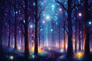 Oil painting magical forest with Christmas trees and glowing bokeh lights Generative AI