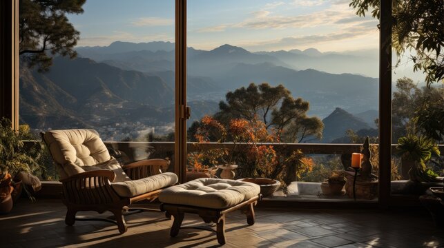 Fototapeta seat by the window and see the mountain view in the country villa at sunrise