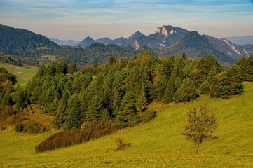 View of Trzy Korony (Three Crowns) peak in Pieniny National Park, Poland on a warm summer day. Autumn mountains hiking © Ivan