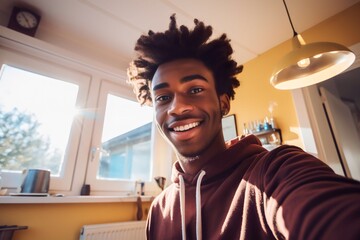 young african american men taking selfie at home - obrazy, fototapety, plakaty