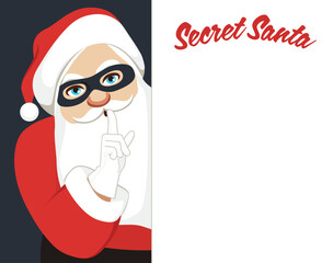 Vector illustration of Secret Santa invitation background featuring Santa Claus holding a placard with copy space. Cartoon male person wearing black eye mask making hush gesture