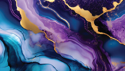 Abstract luxury fluid art painting in alcohol ink technique, Imitation of marble stone cut and mixture of blue and purple paints, glowing golden veins vector illustration.