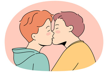 Gay couple kissing showing love and affection. Homosexual men demonstrate relationships. LGBT community, freedom of rights. Vector illustration.