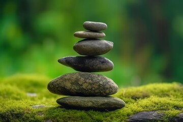 Balance stones are arranged in a pyramid shape on green nature background. Generative AI