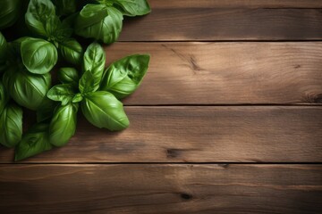 Basil leaves on wooden background. Copy space. Generative AI
