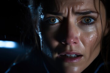 an extremely anxious woman, sweating, police car lights