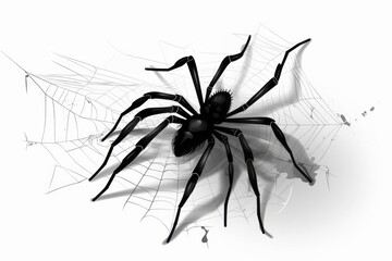 Black spider and torn web isolated on white vector illustration. Generative AI