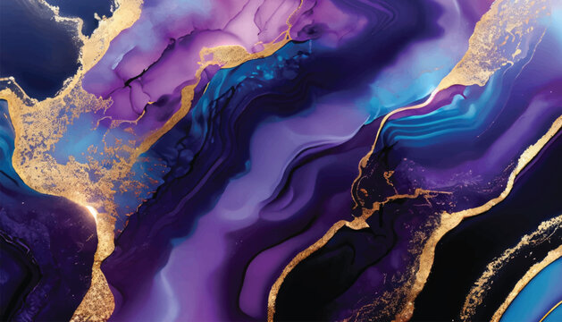 Abstract luxury fluid art painting in alcohol ink technique, Imitation of marble stone cut and mixture of blue and purple paints, glowing golden veins vector illustration.
