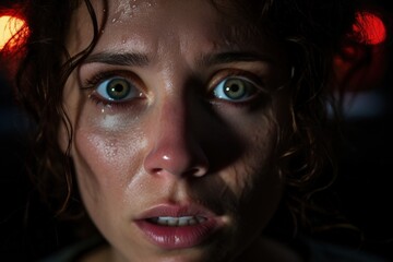 an extremely anxious woman, sweating, police car lights