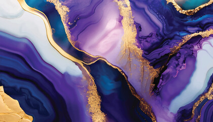 Abstract luxury fluid art painting in alcohol ink technique, Imitation of marble stone cut and mixture of blue and purple paints, glowing golden veins vector illustration.
