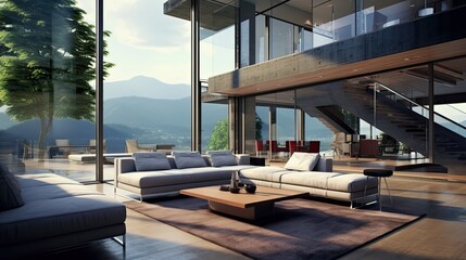 Modern House Interior Design. Luxury Living Room with Stunning View of Cityscape Through - obrazy, fototapety, plakaty