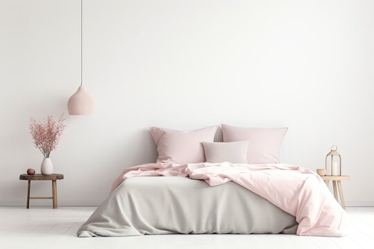 Light and Cozy Bedroom Interior with Unmade Bed and Pink Plaid on White Wall Background. Mock-Up