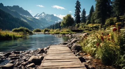 see the beauty of nature looking at the mountain lake in the background of the wooden bridge - obrazy, fototapety, plakaty
