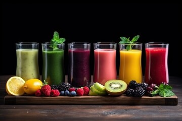 multi-colored smoothies on a dark wooden table