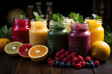 multi-colored smoothies on a dark wooden table