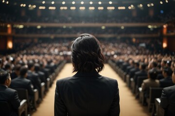 A woman speaker in conference hall. Audience in the conference hall. Business and Entrepreneurship concept. - obrazy, fototapety, plakaty