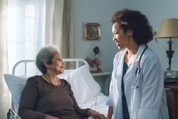 Obraz premium African american woman Doctor talking to a senior woman in bedroom modern white home