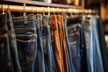 Row of denim jeans hanging in closet. Jeans store in a shopping center. Denim sales. Generative AI
