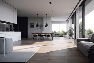 Fototapeta premium Apartment with spacious living room and big windows. Modern living room interior. Generative AI