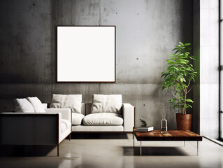 Interior of modern living room with plants, sofa and frames mockup, AI Generated