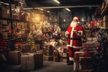 Obraz na płótnie Canvas Santa Claus in his magic Christmas gifts warehouse, empty copy space Generative AI