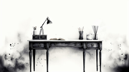 monochrome black and white sketch table against a white wall poster back to school with an empty copy space
