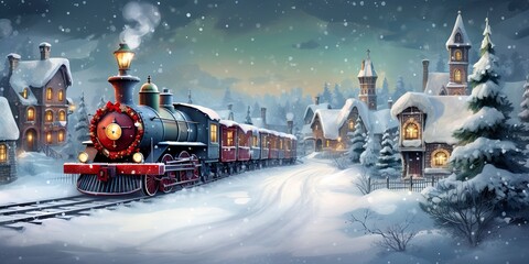 19th century train going throw a village in winter with a snow background.