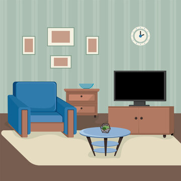 Living room with armchair and television vector illustration. Cartoon drawing of blue chair, TV on table, photo frames on walls, striped wallpaper beige carpet. Furniture, interior design concept