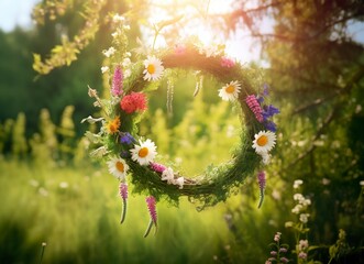 Rustic wildflowers wreath on a sunny meadow. Summer Solstice Day, Midsummer concept. - obrazy, fototapety, plakaty