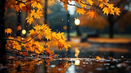 rain outside the window in the landscape of autumn park and yellow leaves. - obrazy, fototapety, plakaty