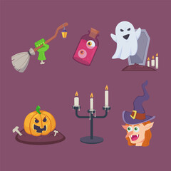 Funny Halloween decorations vector illustrations set. Hand with broom, eyes in bottle, scary ghost, carved pumpkin, candles and witch on purple background. Halloween, holiday concept