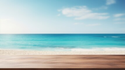 Mock up with empty wooden desk on blurred tropical background with sand or ocean. Background for product presentation or showcase