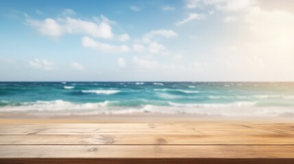 Fototapeta premium Mock up with empty wooden desk on blurred tropical background with sand or ocean. Background for product presentation or showcase