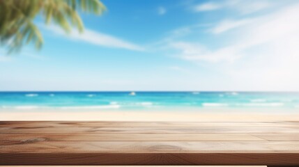 Mock up with empty wooden desk on blurred tropical background with sand or ocean and palm trees. Background for product presentation or showcase