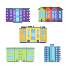 Colorful apartment buildings vector illustrations set. Collection of cartoon drawings of urban buildings as accommodation. Architecture, city life, real estate or property concept