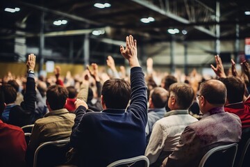 Obraz premium Back view of crowd of people raising hands on a seminar in convention center