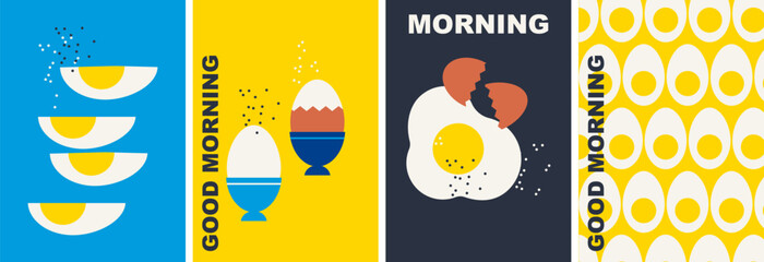 Egg collection. Decorative abstract flat vector illustration with eggs. Fried egg. Boiled chicken egg in cup, cooked and cut into pieces. Eggs set. Perfect background for menu, posters, cover design. - 646773441